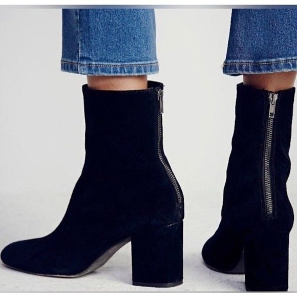 Free People Shoes - Free People Boots Cecile Suede Block Heel Black Booties Back Zip  Size 39 US 8.